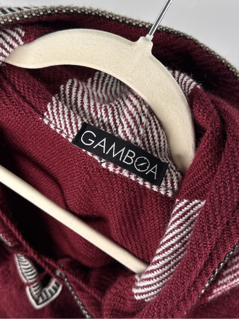 Gamboa Alpaca Wool Hooded Poncho Striped Fringe Made in Peru Burgundy OS - Picture 5 of 8